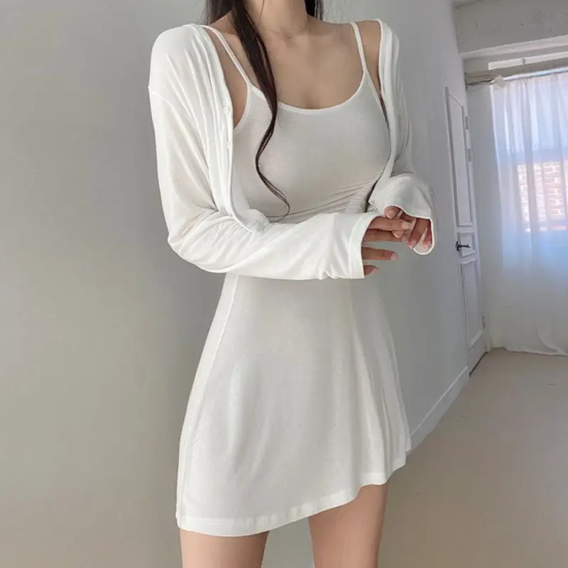 White Long Sleeve Cardigan with Pleated Skirt Set