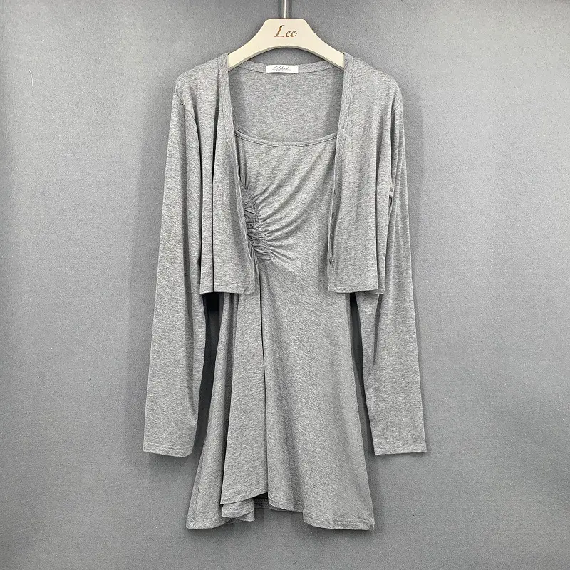 White Long Sleeve Cardigan with Pleated Skirt Set