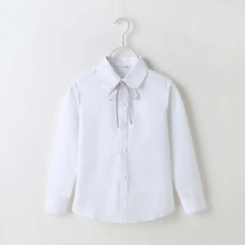 Girls White Bow Cotton Shirt Long Sleeve Winter - Image 3
