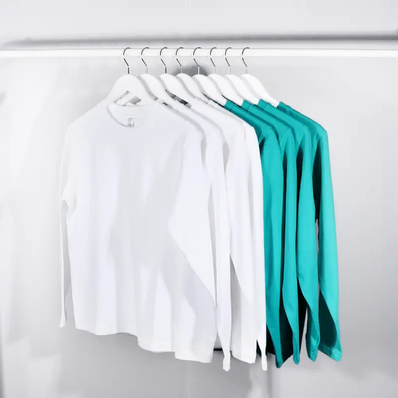 Men Long Sleeve Cotton T-Shirt Tiffany Blue Mint Green White - Image 8