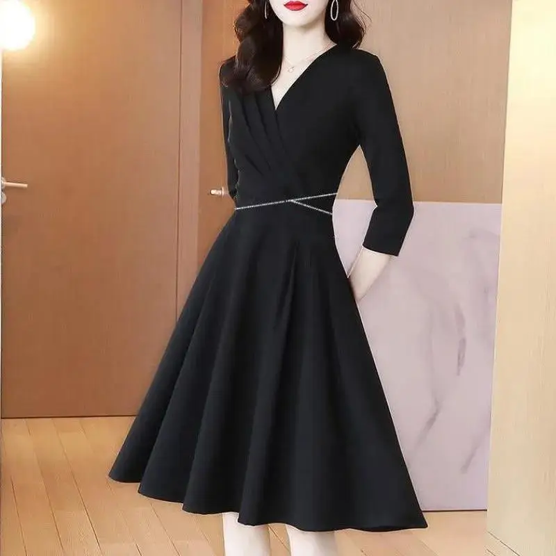 Black Waist-Cinching V-Neck Dress for Women