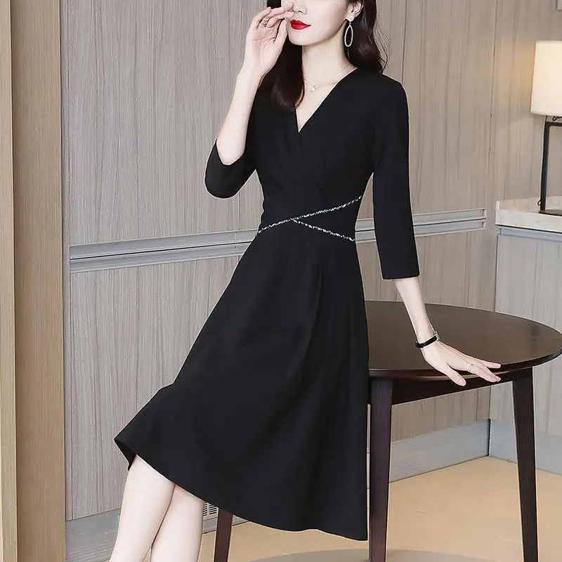 Black Waist-Cinching V-Neck Dress for Women