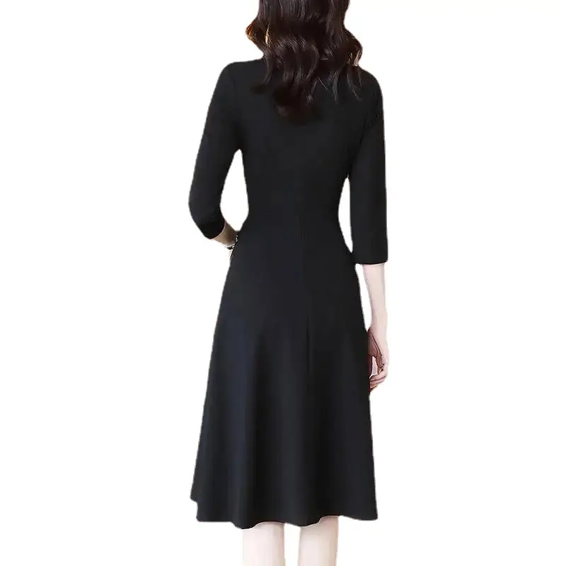 Black Waist-Cinching V-Neck Dress for Women