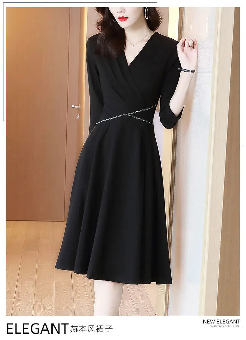 Black Waist-Cinching V-Neck Dress for Women — feature 3
