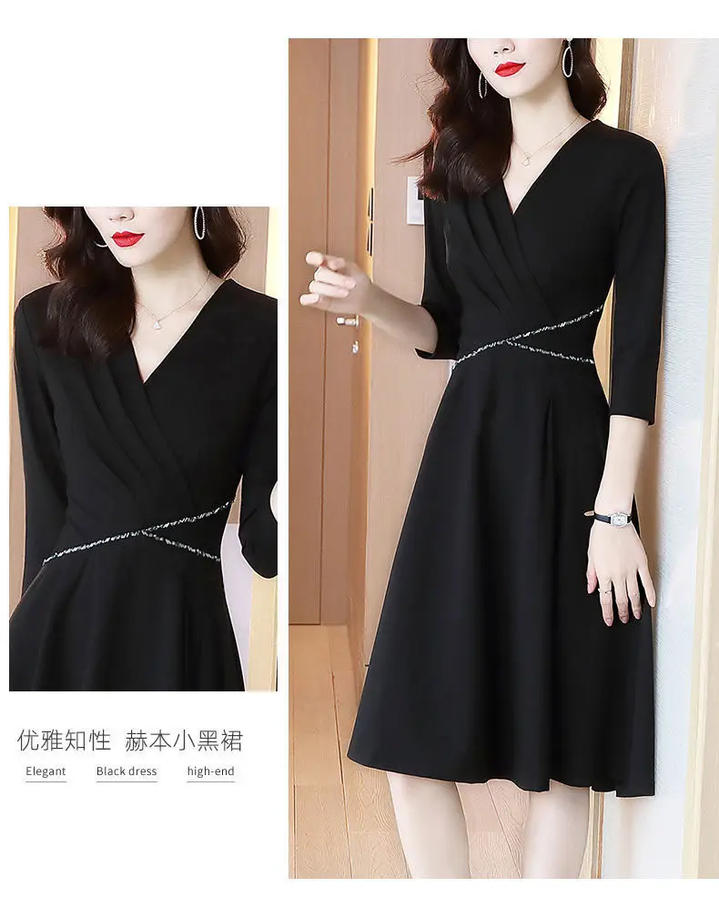 Black Waist-Cinching V-Neck Dress for Women — feature 4