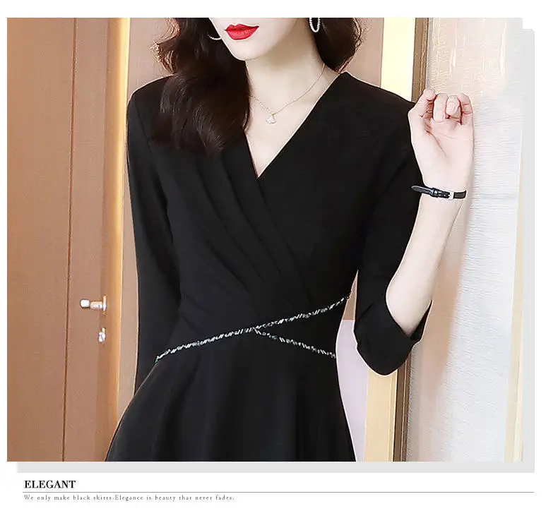Black Waist-Cinching V-Neck Dress for Women — feature 6