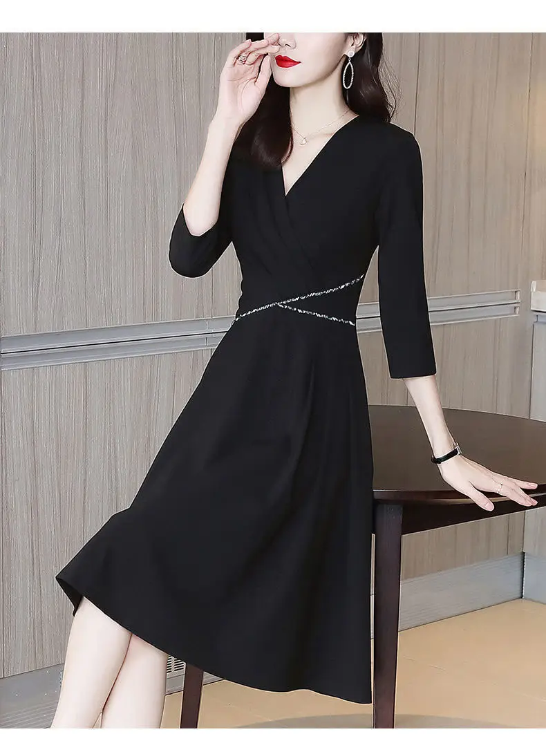 Black Waist-Cinching V-Neck Dress for Women — feature 7