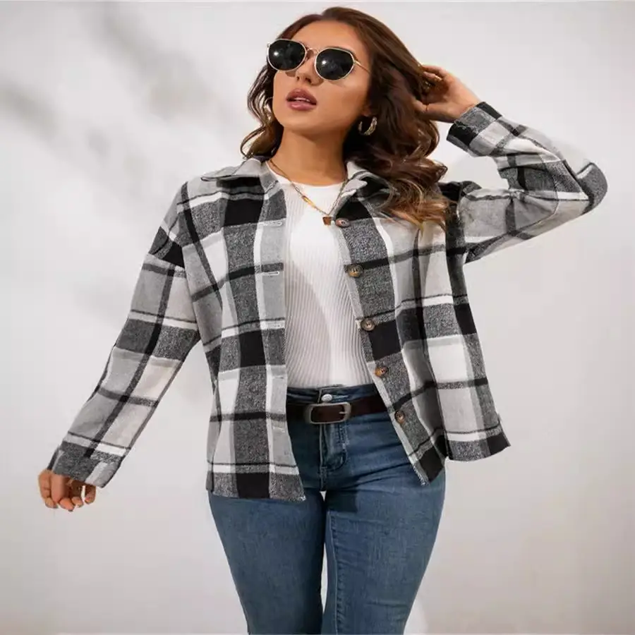 Women Plaid Long Sleeve Coat Green Blue Mid Length - Image 3