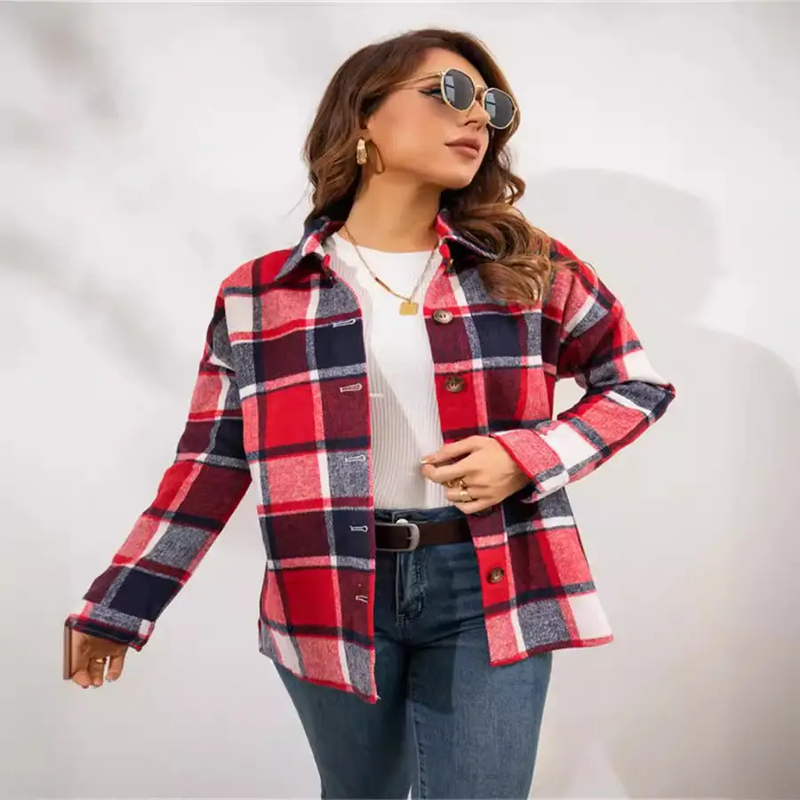 Women Plaid Long Sleeve Coat Green Blue Mid Length - Image 4