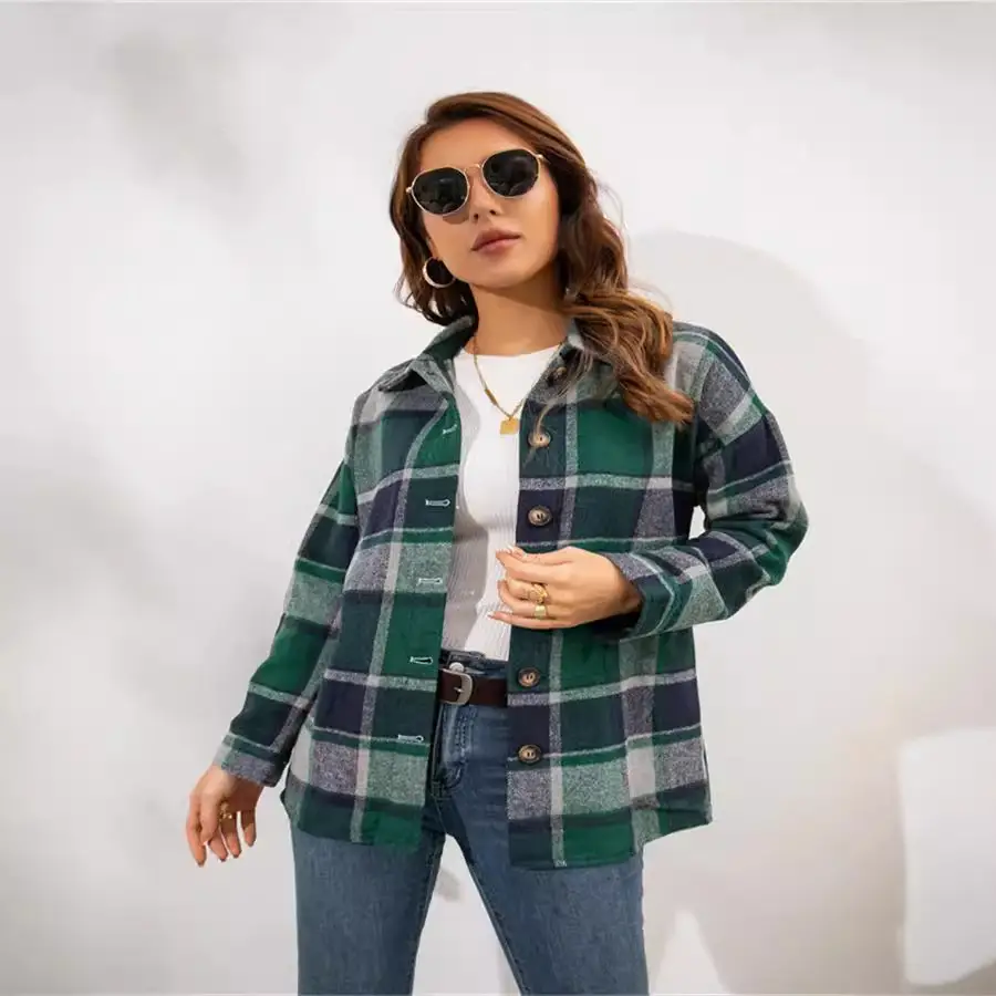 Women Plaid Long Sleeve Coat Green Blue Mid Length - Image 5