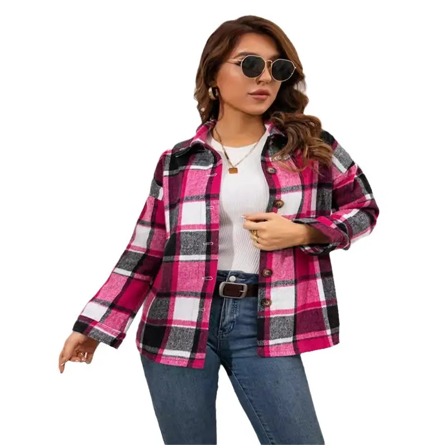 Women Plaid Long Sleeve Coat Green Blue Mid Length - Image 6