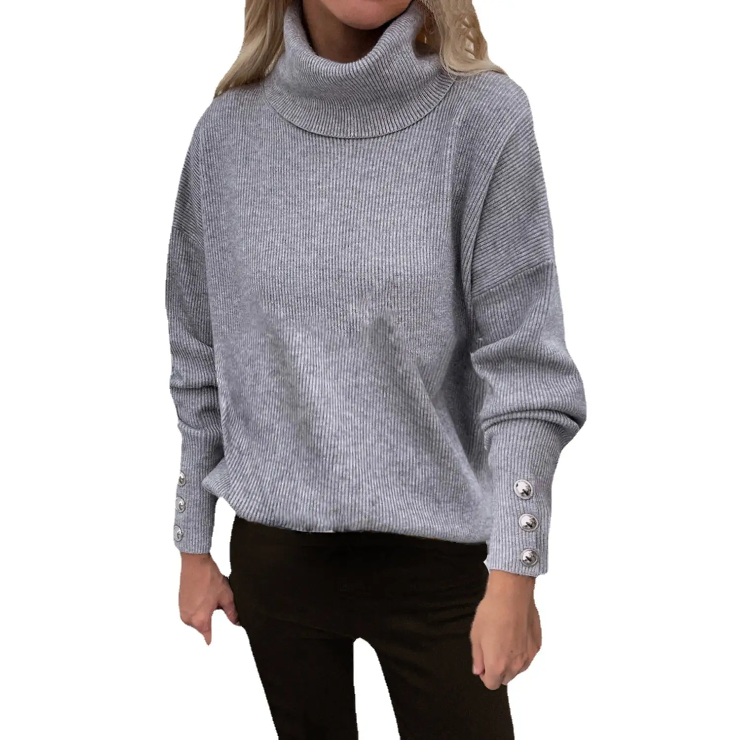 Women Red Knitted Turtleneck Sweater with Cuff Button - Image 10