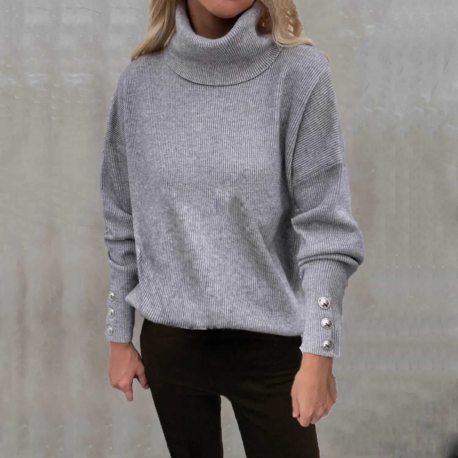 Women Red Knitted Turtleneck Sweater with Cuff Button - Image 2