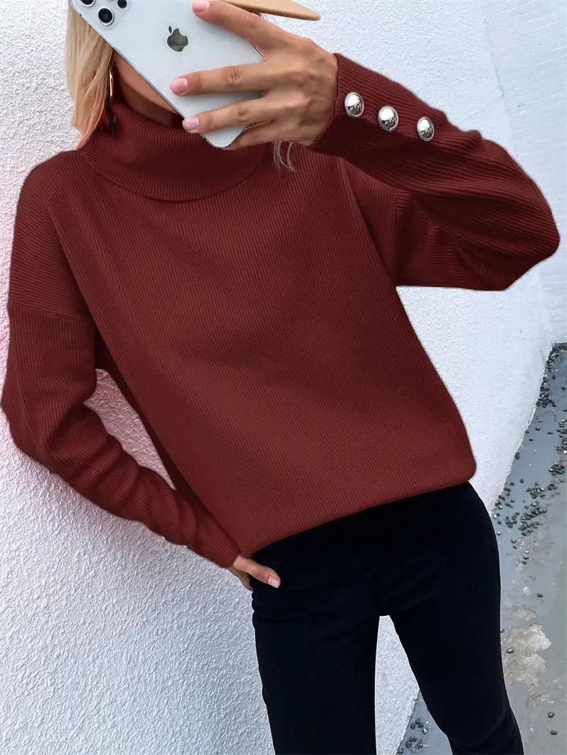Women Red Knitted Turtleneck Sweater with Cuff Button - Image 4