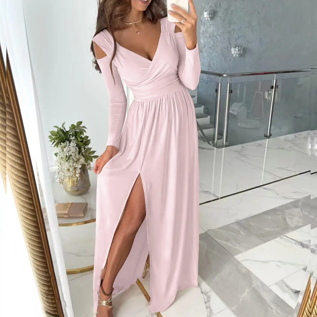 2021 Long Sleeve V Neck Slit Red Dress for Women - Image 9