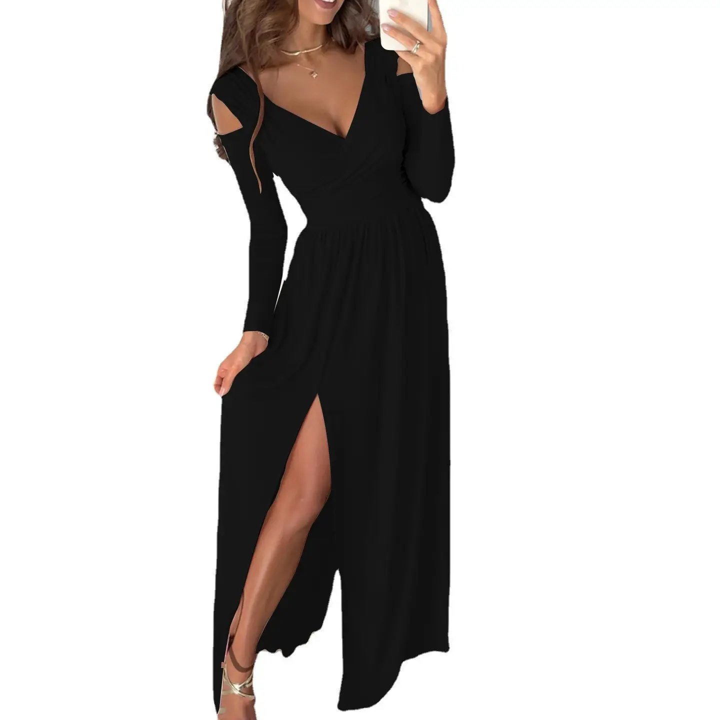 2021 Long Sleeve V Neck Slit Red Dress for Women - Image 10