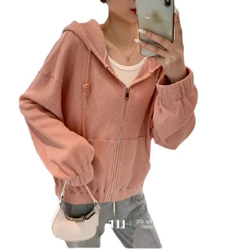 Women Grey Hooded Short Coat Spring Fall Wear