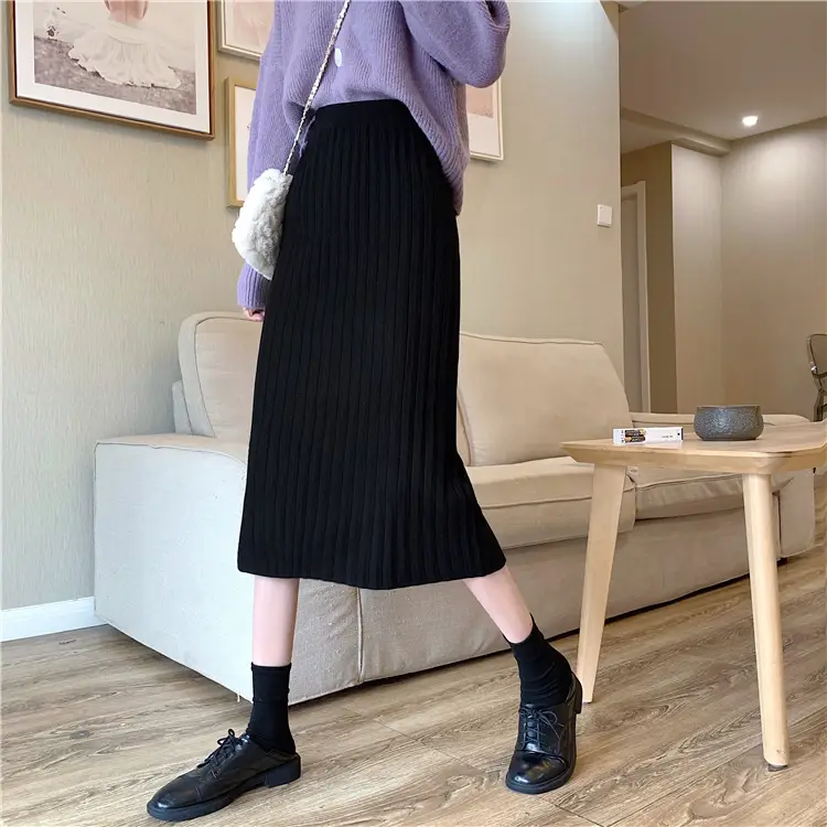 Women Knitted Long Skirt Black High Waist Slimming Hip Split - Image 6