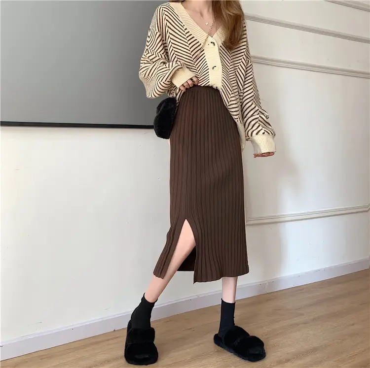 Women Knitted Long Skirt Black High Waist Slimming Hip Split - Image 7