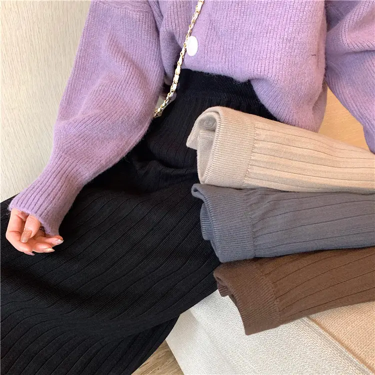 Women Knitted Long Skirt Black High Waist Slimming Hip Split - Image 8