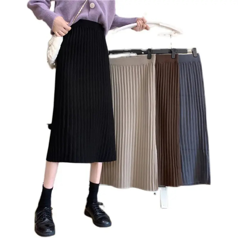 Women Knitted Long Skirt Black High Waist Slimming Hip Split - Image 9