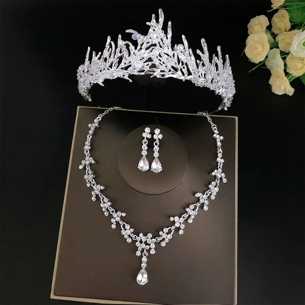 Silver Bridal Crown Necklace Earrings Set Wholesale - Image 6
