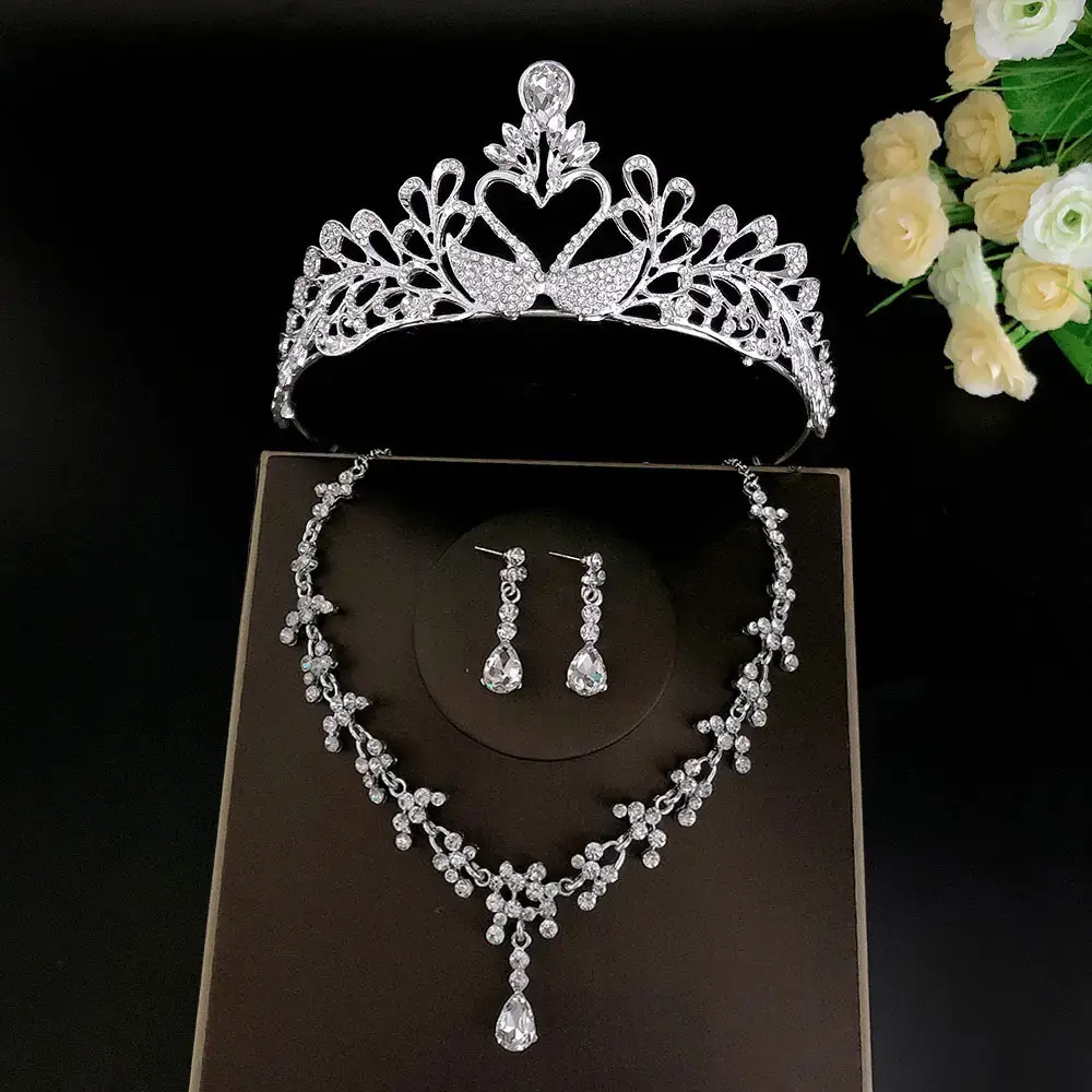 Silver Bridal Crown Necklace Earrings Set Wholesale - Image 3