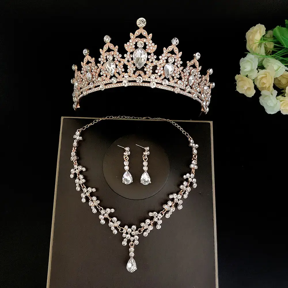Silver Bridal Crown Necklace Earrings Set Wholesale - Image 2
