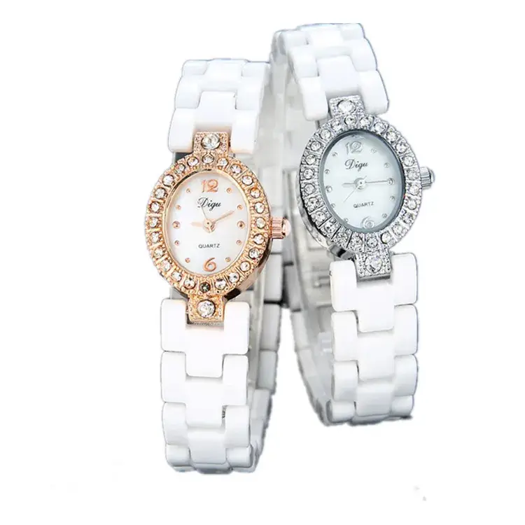 White Ceramic Korean Style Women's Quartz Watch with Square Diamond Frame - Image 5