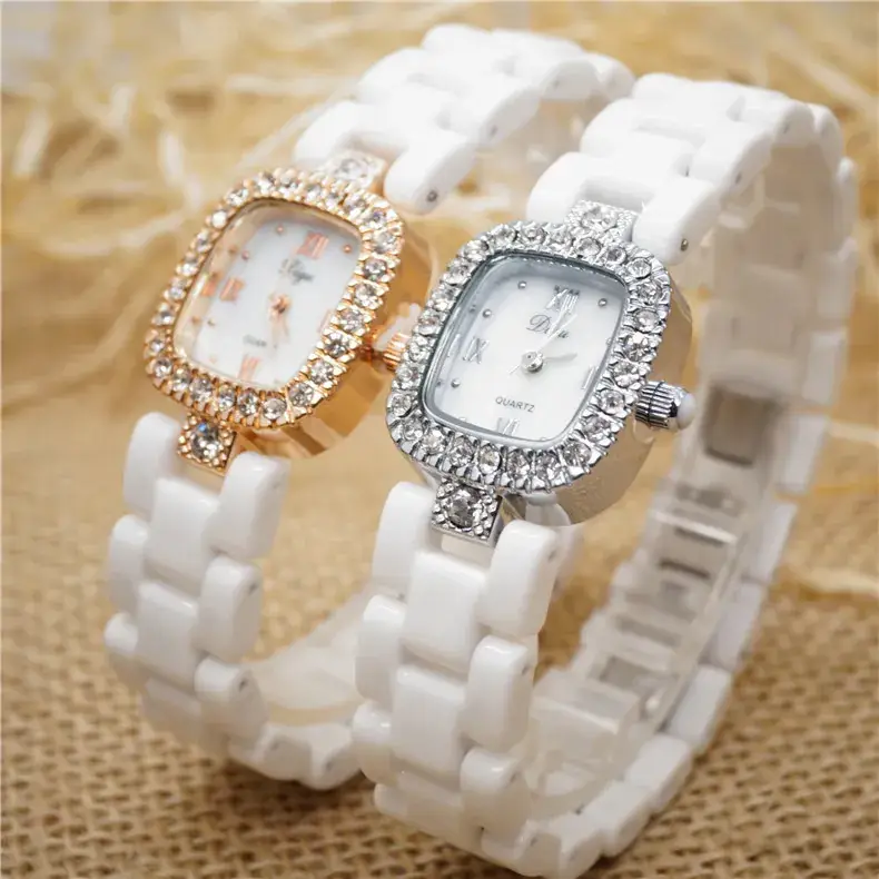 White Ceramic Korean Style Women's Quartz Watch with Square Diamond Frame - Image 6