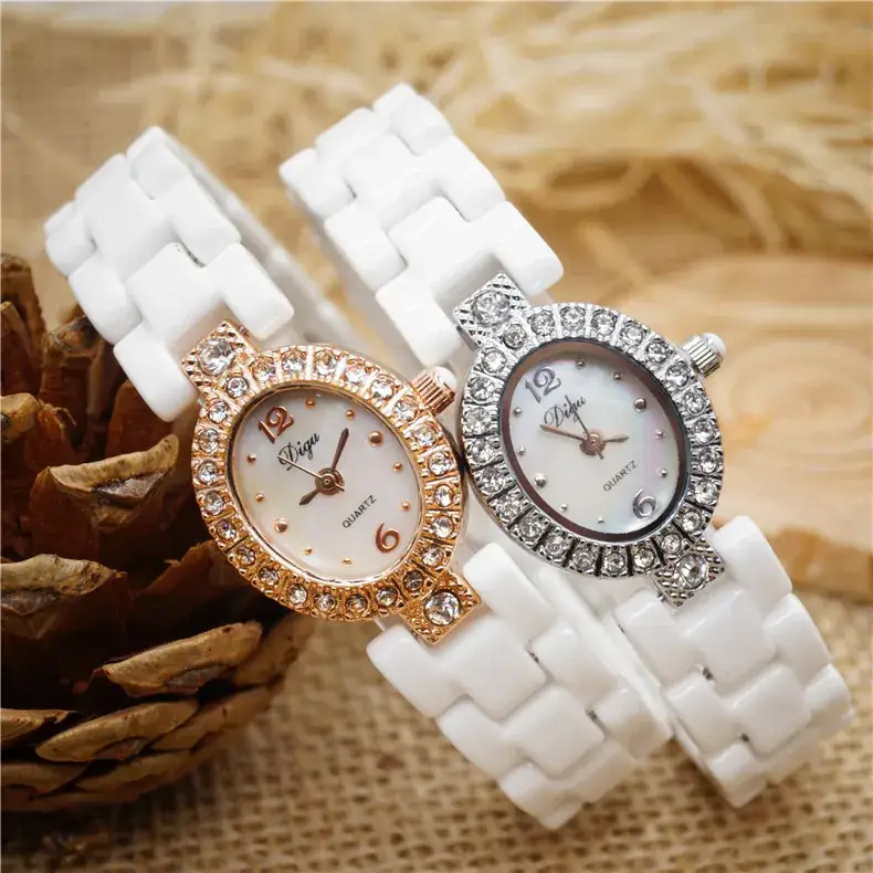 White Ceramic Korean Style Women's Quartz Watch with Square Diamond Frame - Image 7