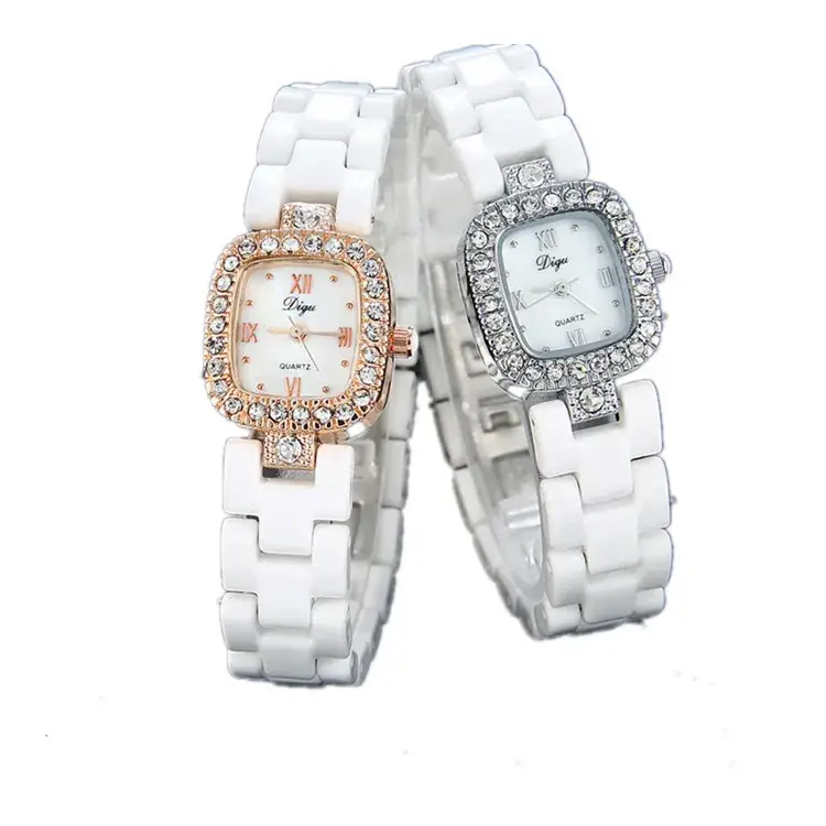 White Ceramic Korean Style Women's Quartz Watch with Square Diamond Frame - Image 9