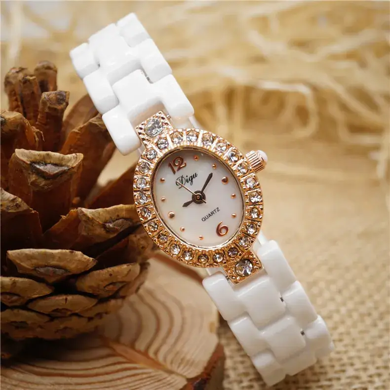 White Ceramic Korean Style Women's Quartz Watch with Square Diamond Frame - Image 2