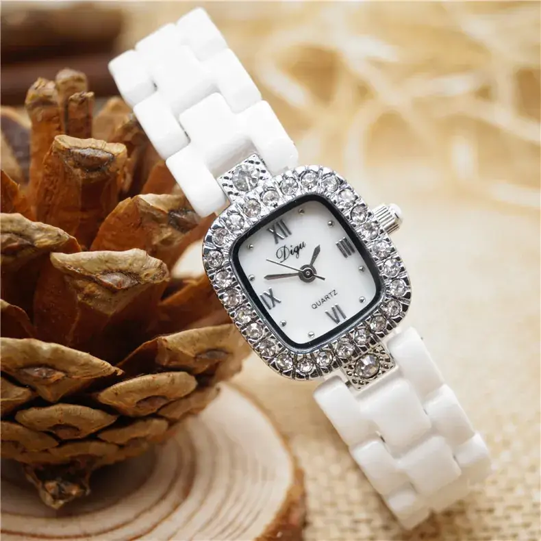 White Ceramic Korean Style Women's Quartz Watch with Square Diamond Frame - Image 3