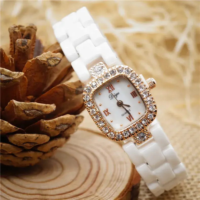 White Ceramic Korean Style Women's Quartz Watch with Square Diamond Frame - Image 4