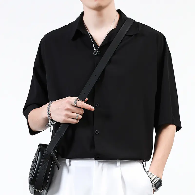 Men's Black Short Sleeve Japanese Style Shirt Large - Image 4
