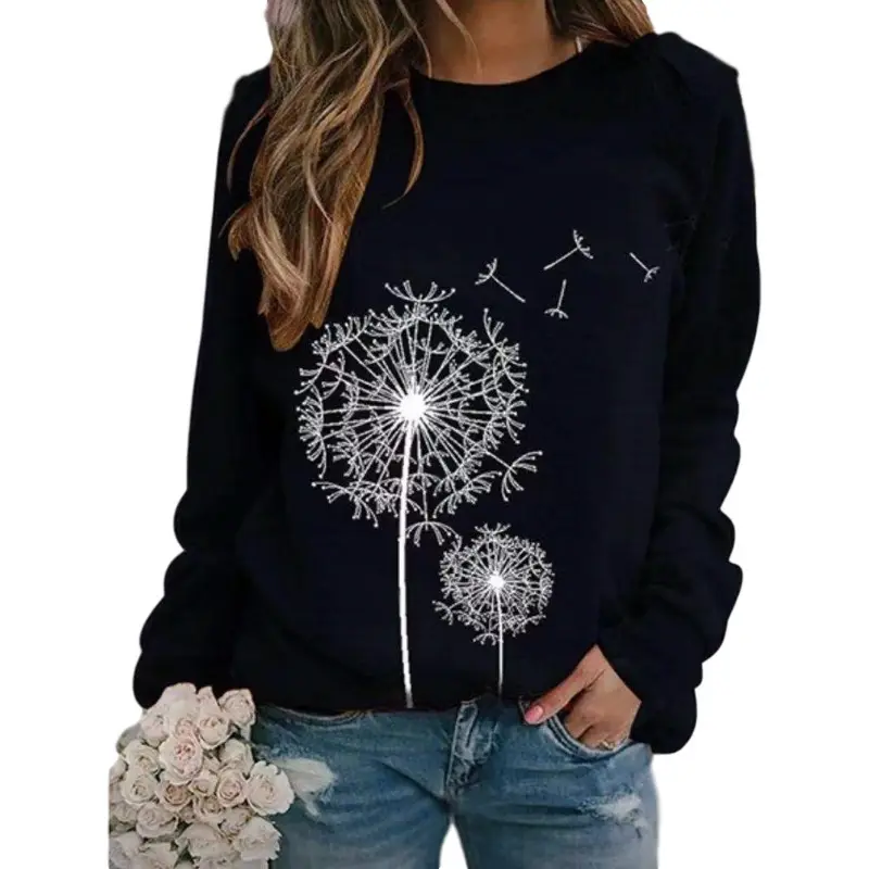 Women Dandelion Print Sweatshirt Black Long Sleeve - Image 11