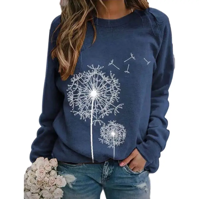 Women Dandelion Print Sweatshirt Black Long Sleeve - Image 12