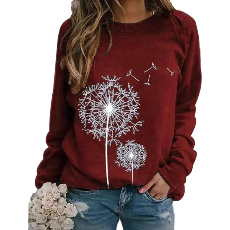 Women Dandelion Print Sweatshirt Black Long Sleeve - Image 13