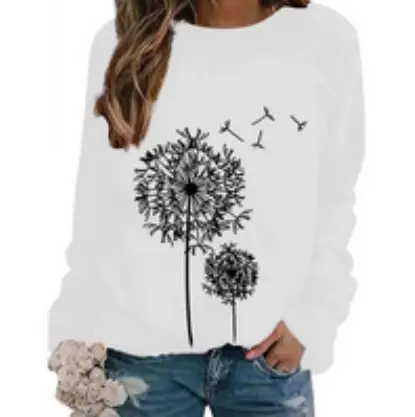 Women Dandelion Print Sweatshirt Black Long Sleeve - Image 8