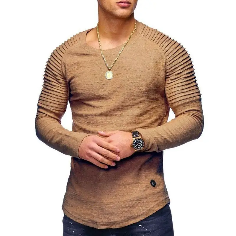 Men's Long Sleeve Pleated T-Shirt Olive Green - Image 8