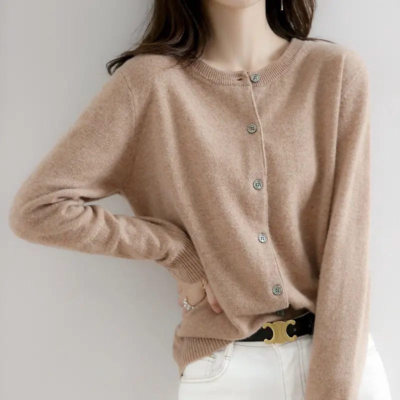 Women Light Blue Knitted Round Neck Cardigan Jacket - Image 17
