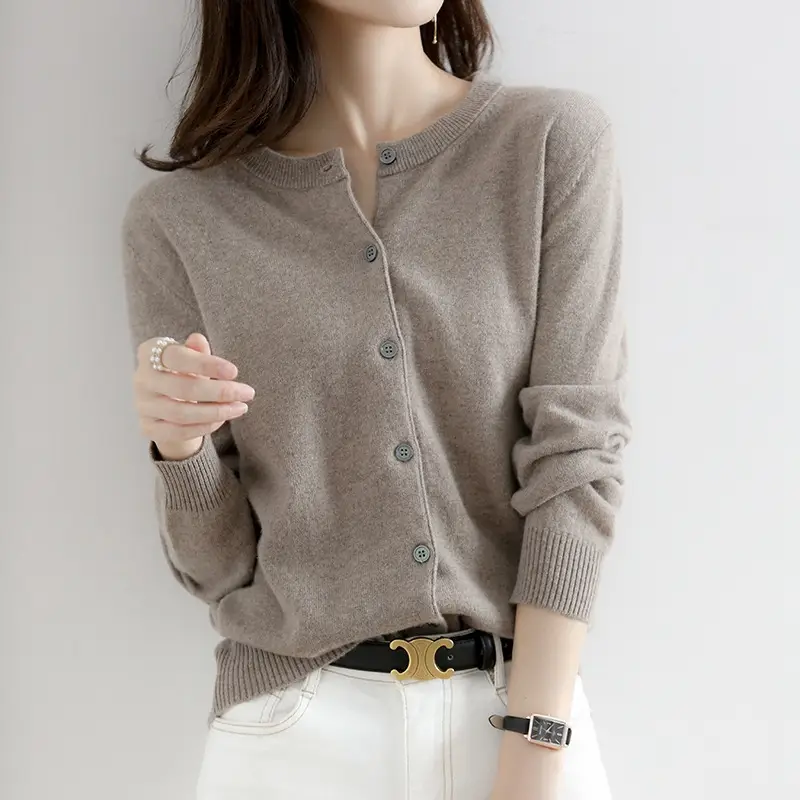 Women Light Blue Knitted Round Neck Cardigan Jacket - Image 19