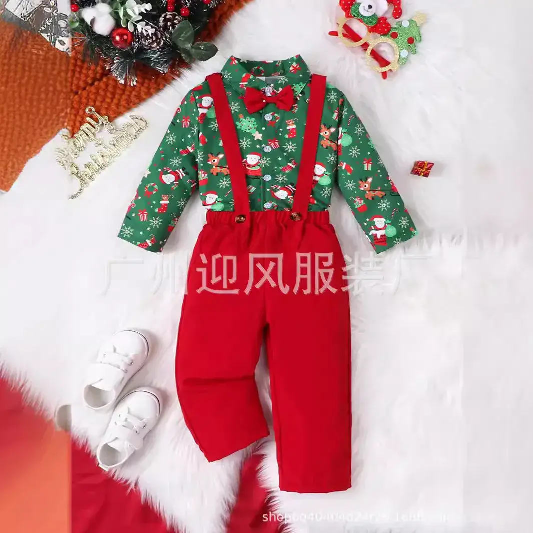 Boys Gentleman Suit Kidsren's Santa Claus Bow Tie Short-Sleeved Shirt Top Overalls Christmas Clothing British Style