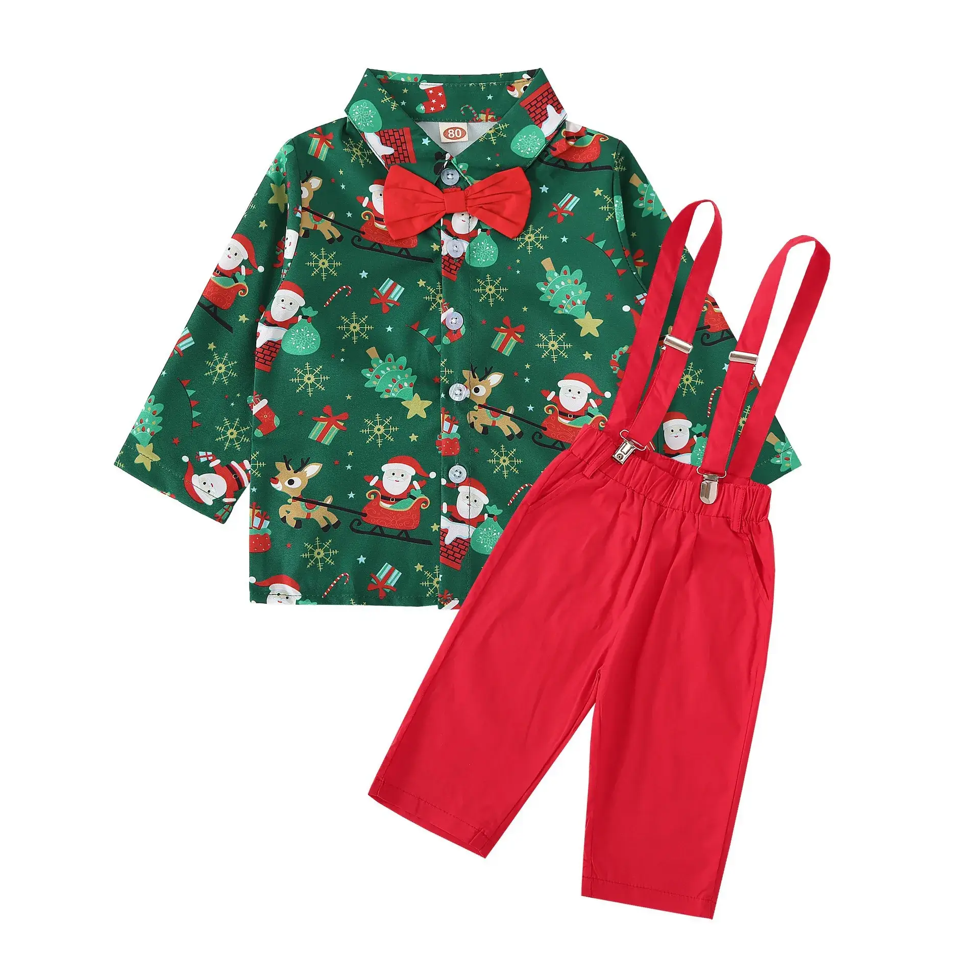 Boys Gentleman Suit Kidsren's Santa Claus Bow Tie Short-Sleeved Shirt Top Overalls Christmas Clothing British Style