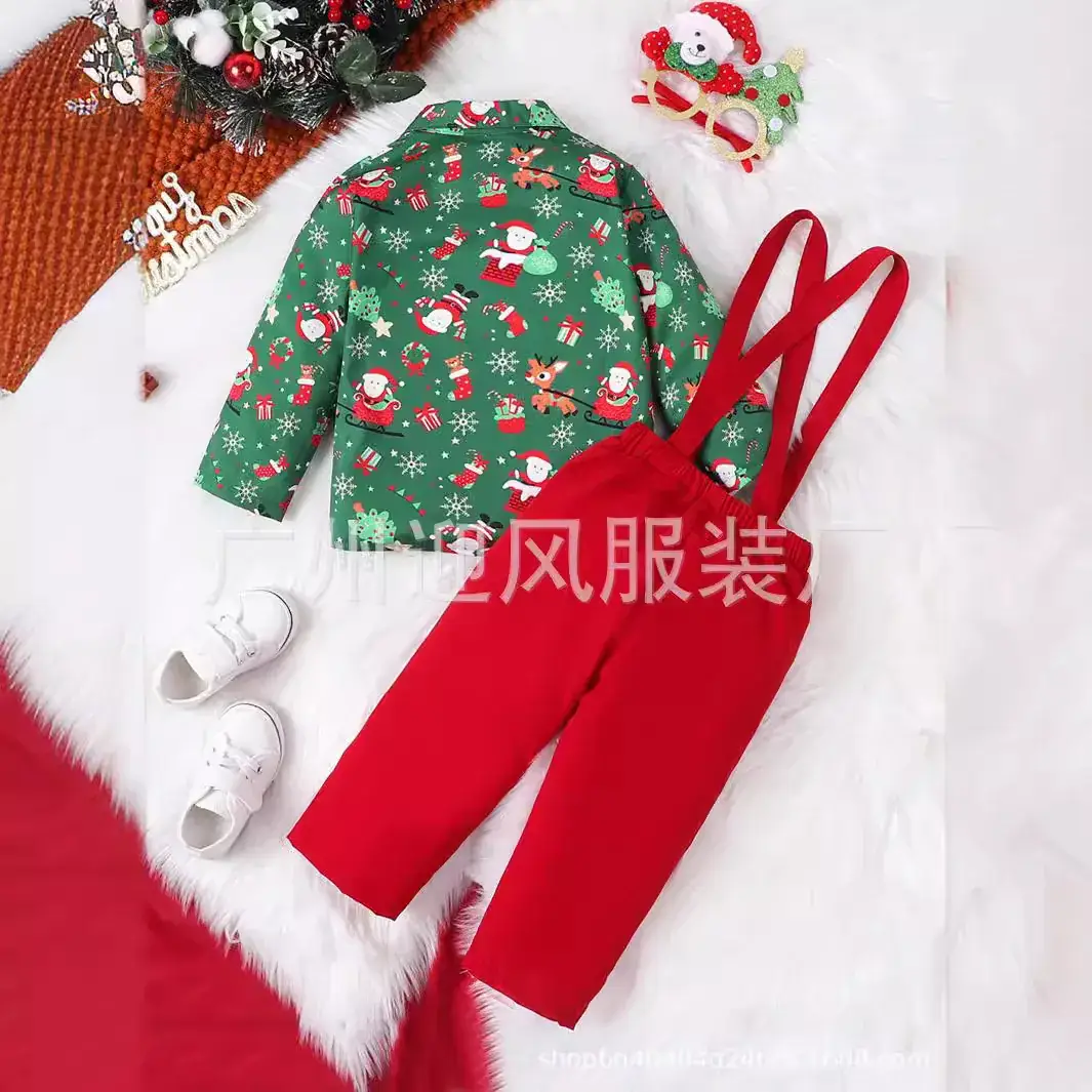 Boys Gentleman Suit Kidsren's Santa Claus Bow Tie Short-Sleeved Shirt Top Overalls Christmas Clothing British Style