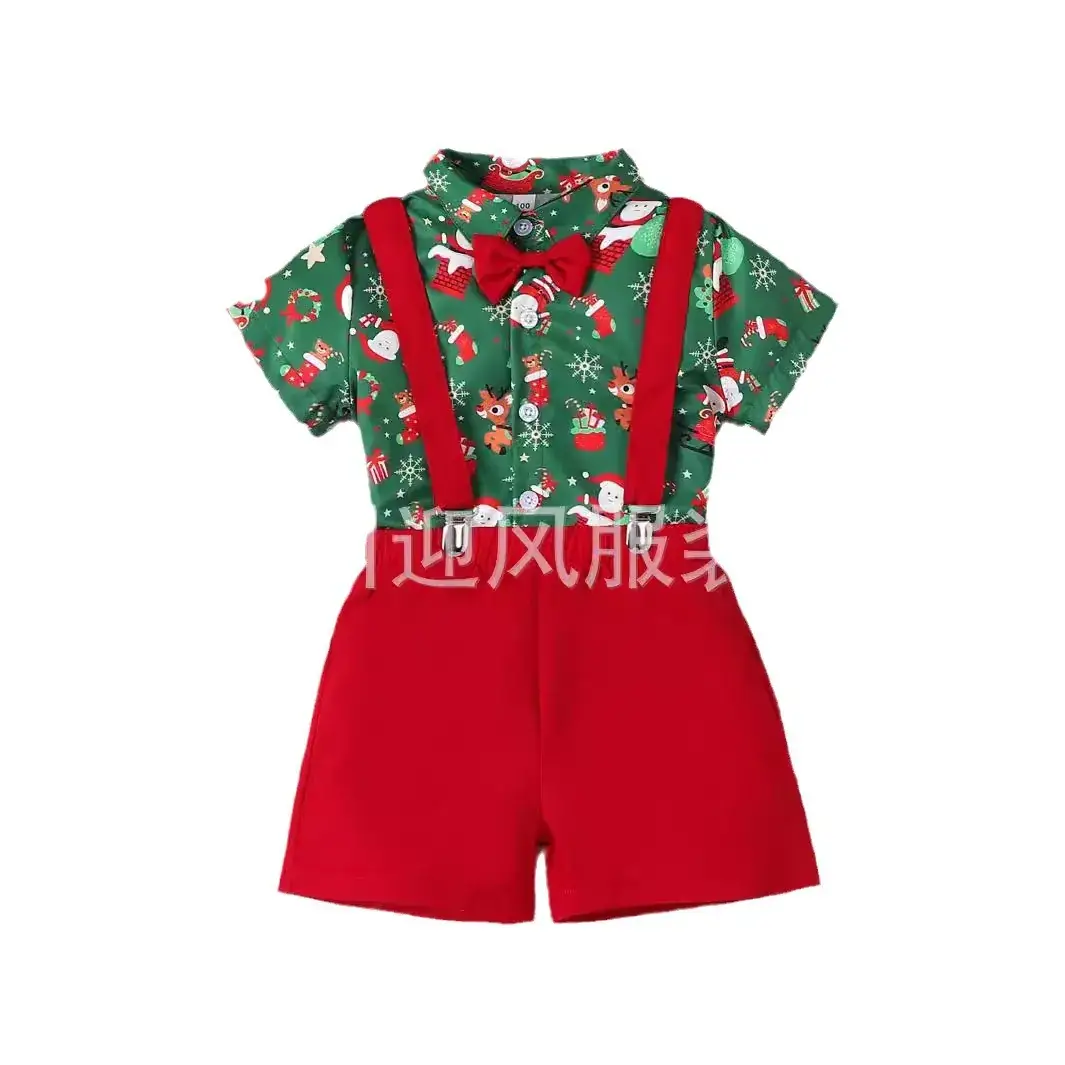Boys Gentleman Suit Kidsren's Santa Claus Bow Tie Short-Sleeved Shirt Top Overalls Christmas Clothing British Style