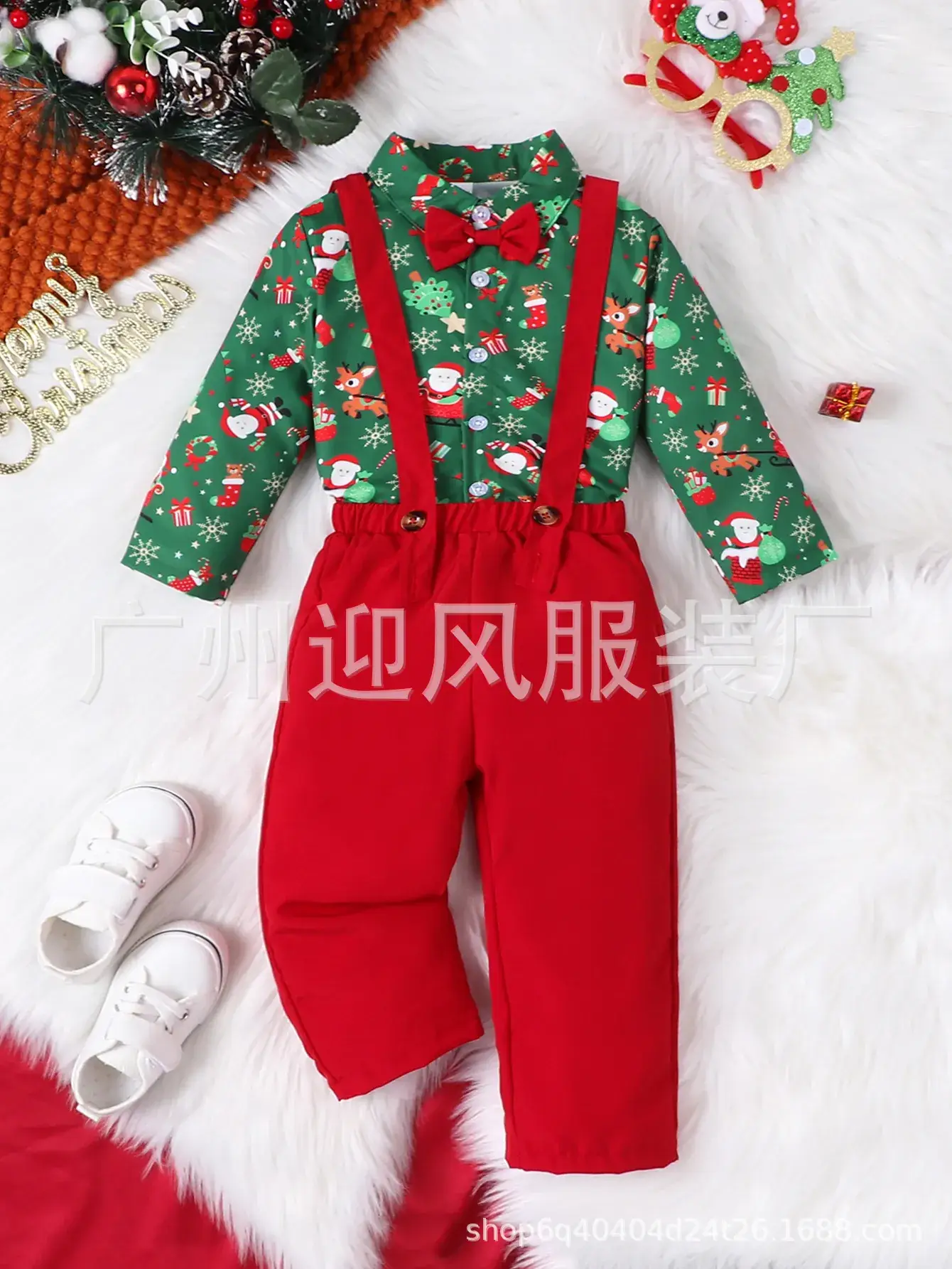 Boys Gentleman Suit Kidsren's Santa Claus Bow Tie Short-Sleeved Shirt Top Overalls Christmas Clothing British Style