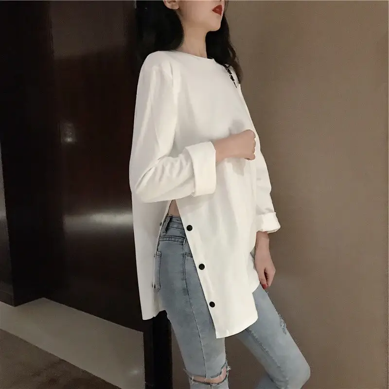 White Long Sleeve Slit T-Shirt Women's Base - Image 6