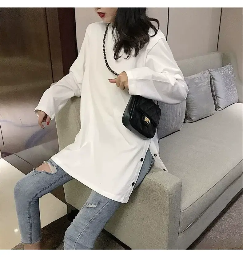 White Long Sleeve Slit T-Shirt Women's Base — feature 14